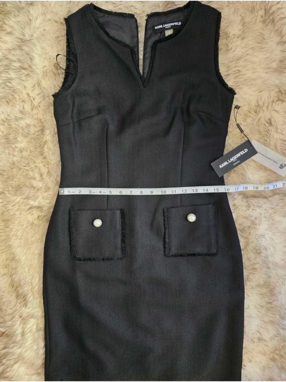 NWT Karl Lagerfeld Paris Sleeveless Black Tweed Shift Dress Pearl Accent Size 6 - Picture 14 of 15